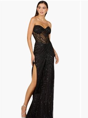 Lara Black Strapless Sequin Corset Gown with Side Slit